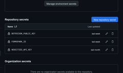Github secrets screenshot showing my three secret keys