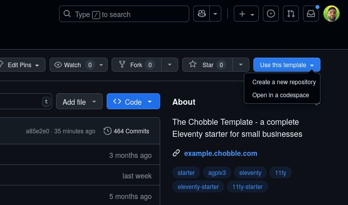 Screenshot of the 'Use this template' button in the top right of the Github desktop interface